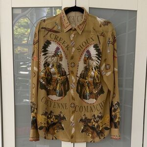 D&G Tan Western-Style Button-Up Shirt with Multicolor Collar Detail